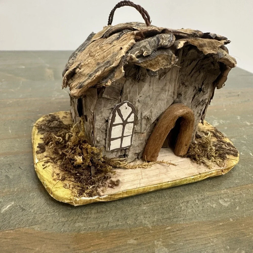 Mini Handmade Twig Bark Cottage Hanging Ornament Rustic Fairy House Folk Art